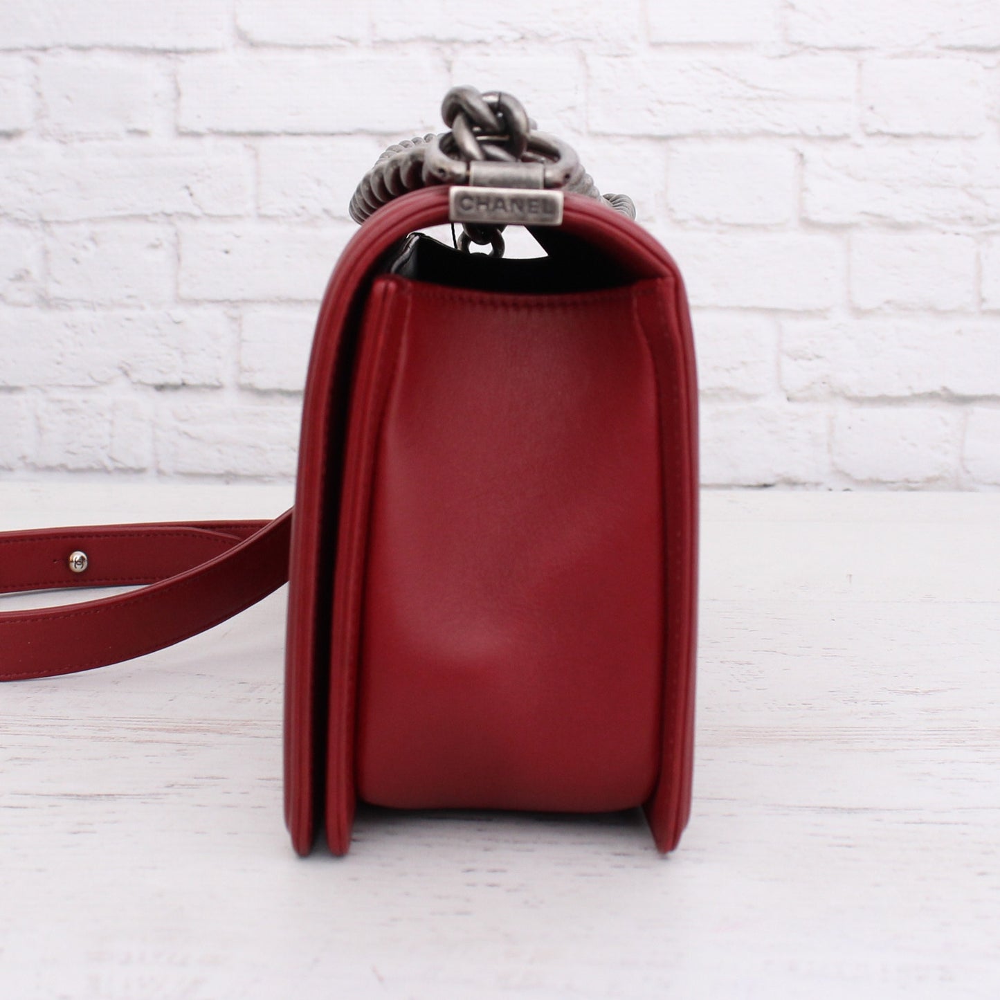 Chanel Boy Bag V Stitch Red Calfskin Leather Shoulder Bag Handbag Purse A4736