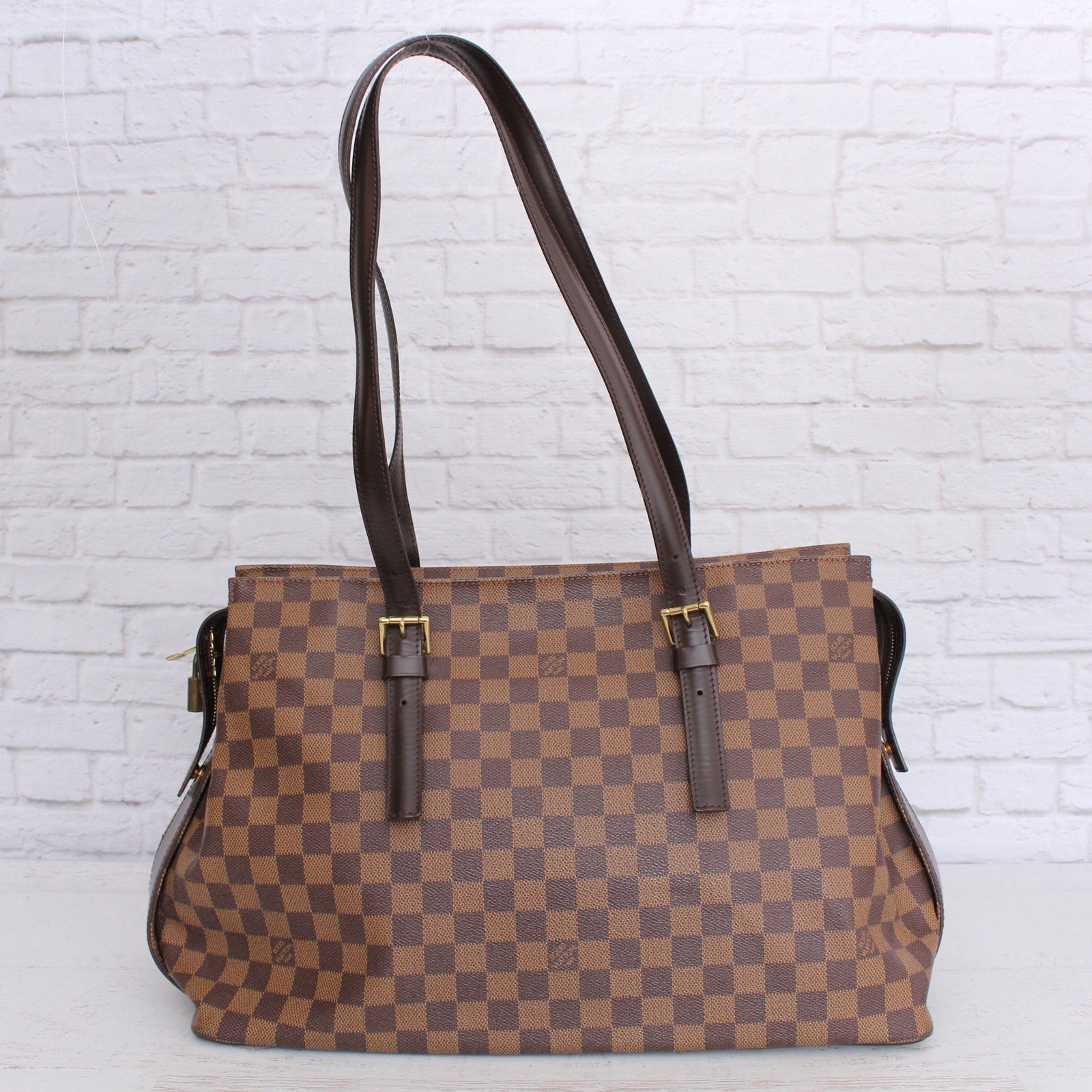 Louis Vuitton Chelsea Damier Ebene Shoulder Tote Purse Brown Large A5056