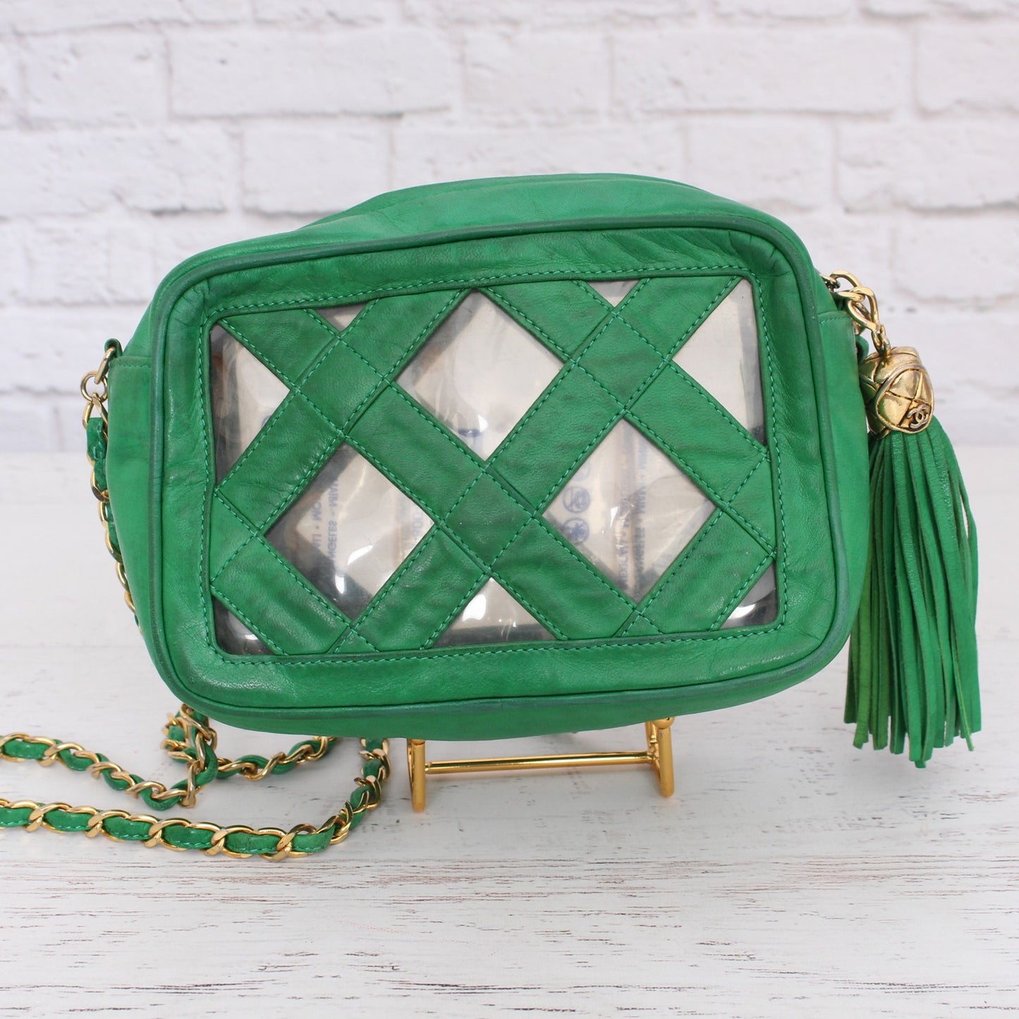 Chanel Vintage PVC Shoulder Bag Green Lambskin Leather Purse A2999