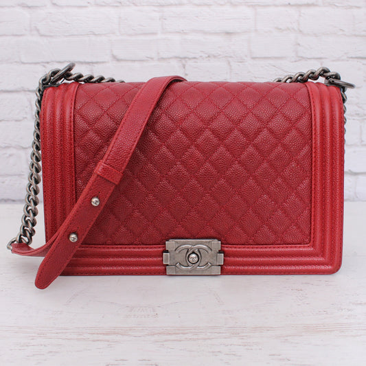 Chanel Boy Bag Burgundy Caviar Leather Shoulder Bag Handbag Purse A4938