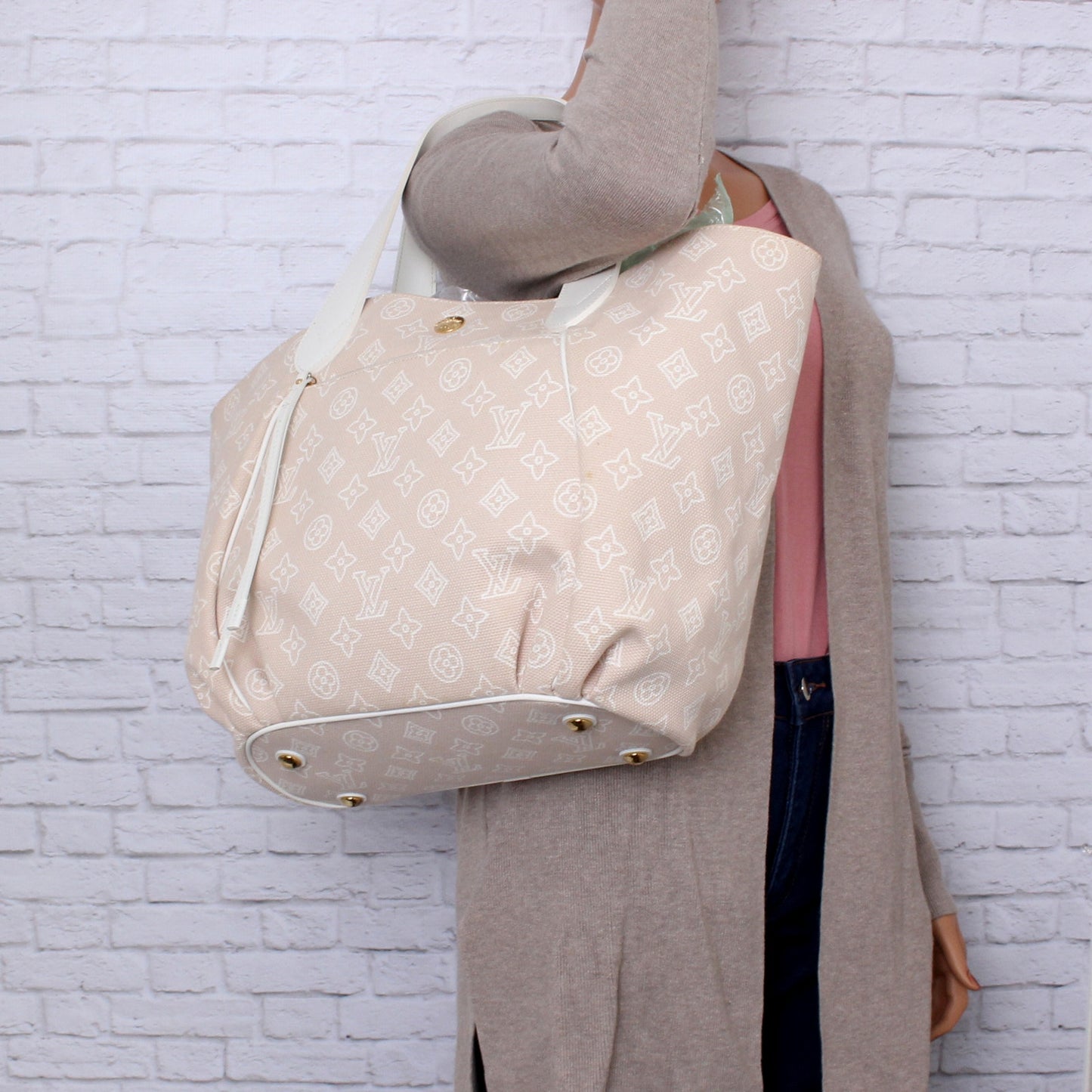 Louis Vuitton Cabas Ipanema PM Beige Canvas Leather Tote Shoulder Purse