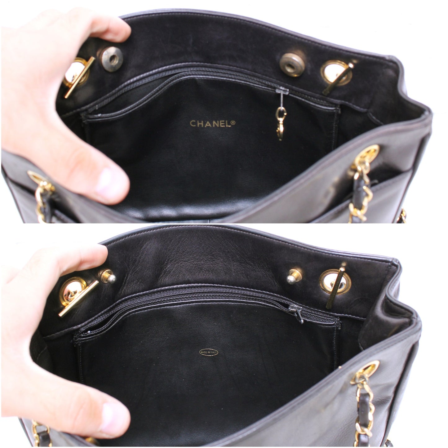 Chanel Quilted Black Lambskin Chain Tote Leather Shoulder Handbag Purse A5086