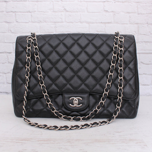 Chanel Jumbo Classic Single Flap Black Caviar Leather Shoulder Crossbody A4760