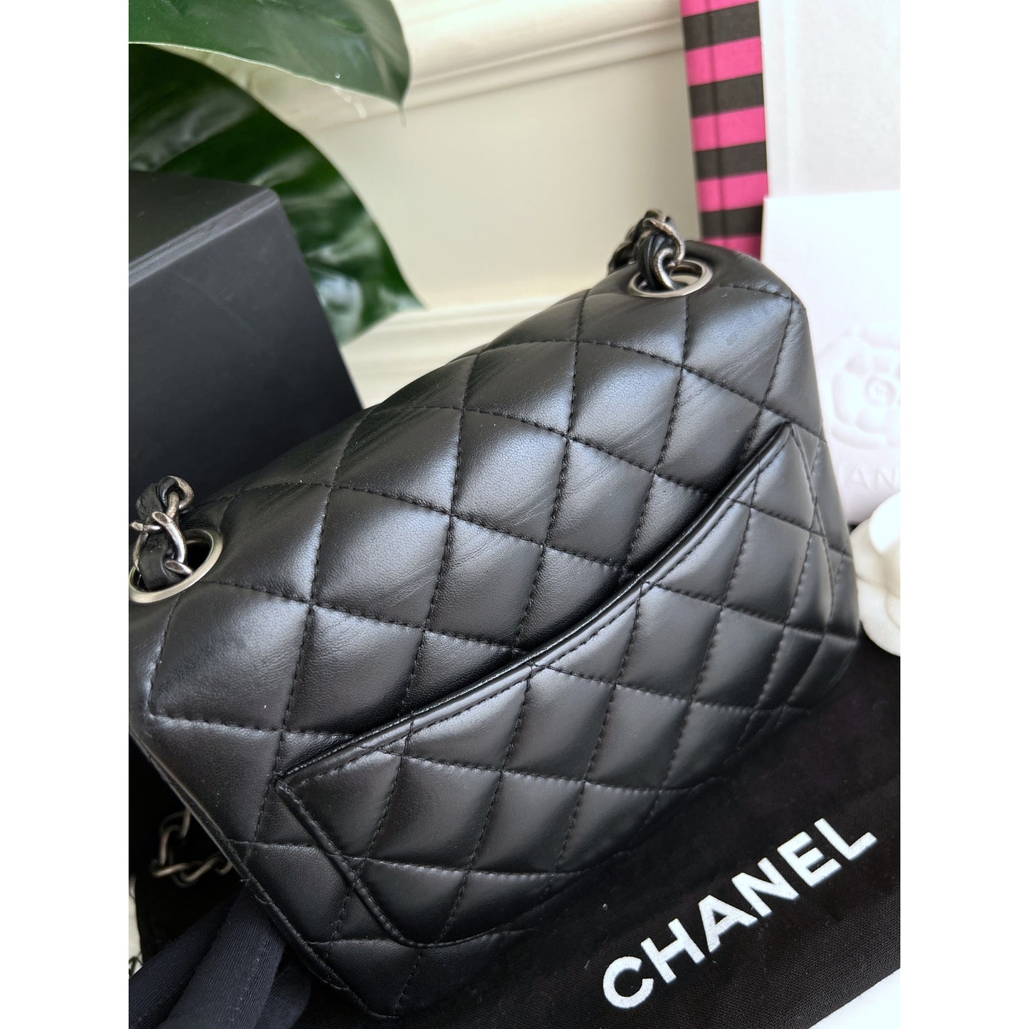 Authentic Chanel Black Lambskin Classic Square Flap Black Crossbody Bag