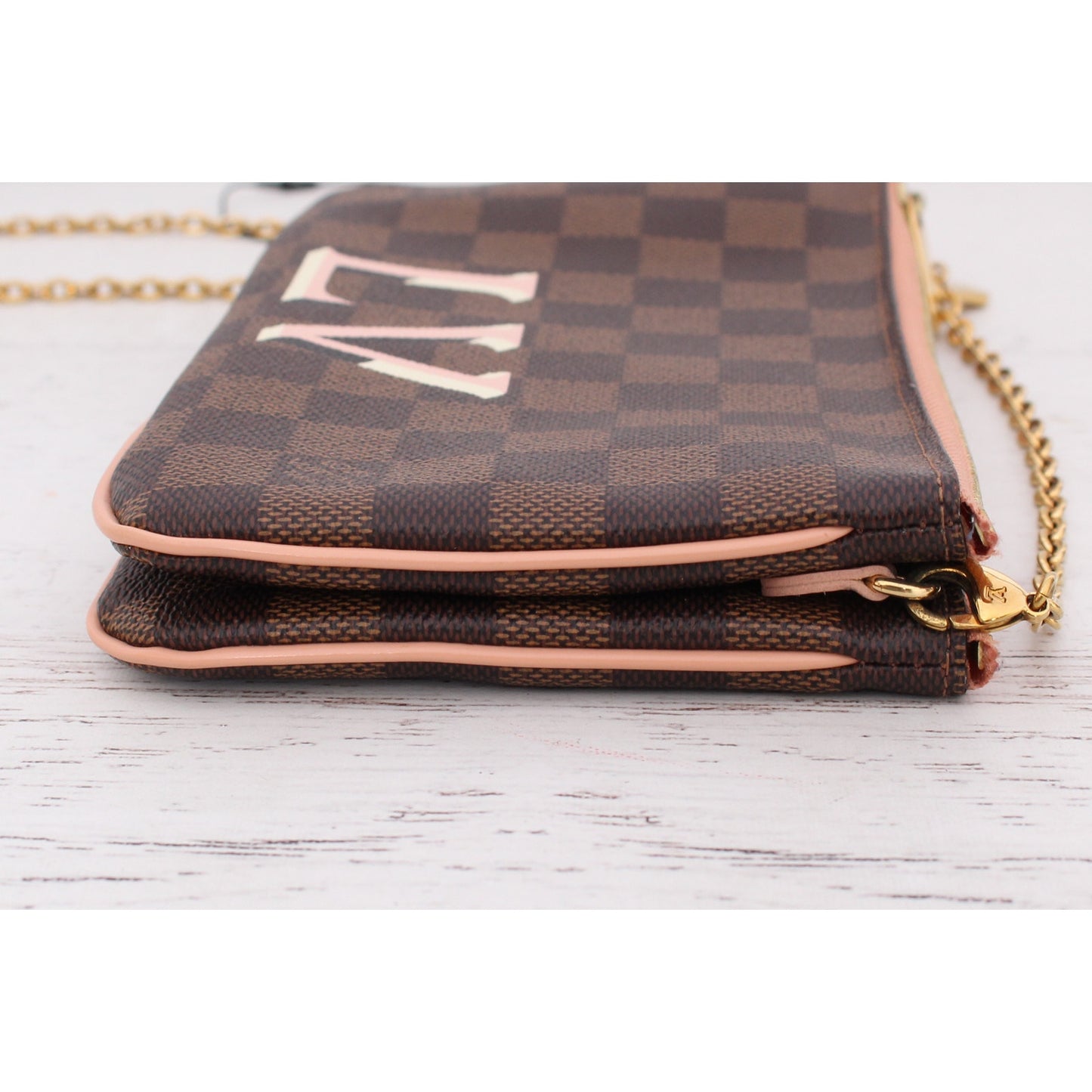 Louis Vuitton Double Zip Pochette Damier Ebene Crossbody Purse Chain A3985