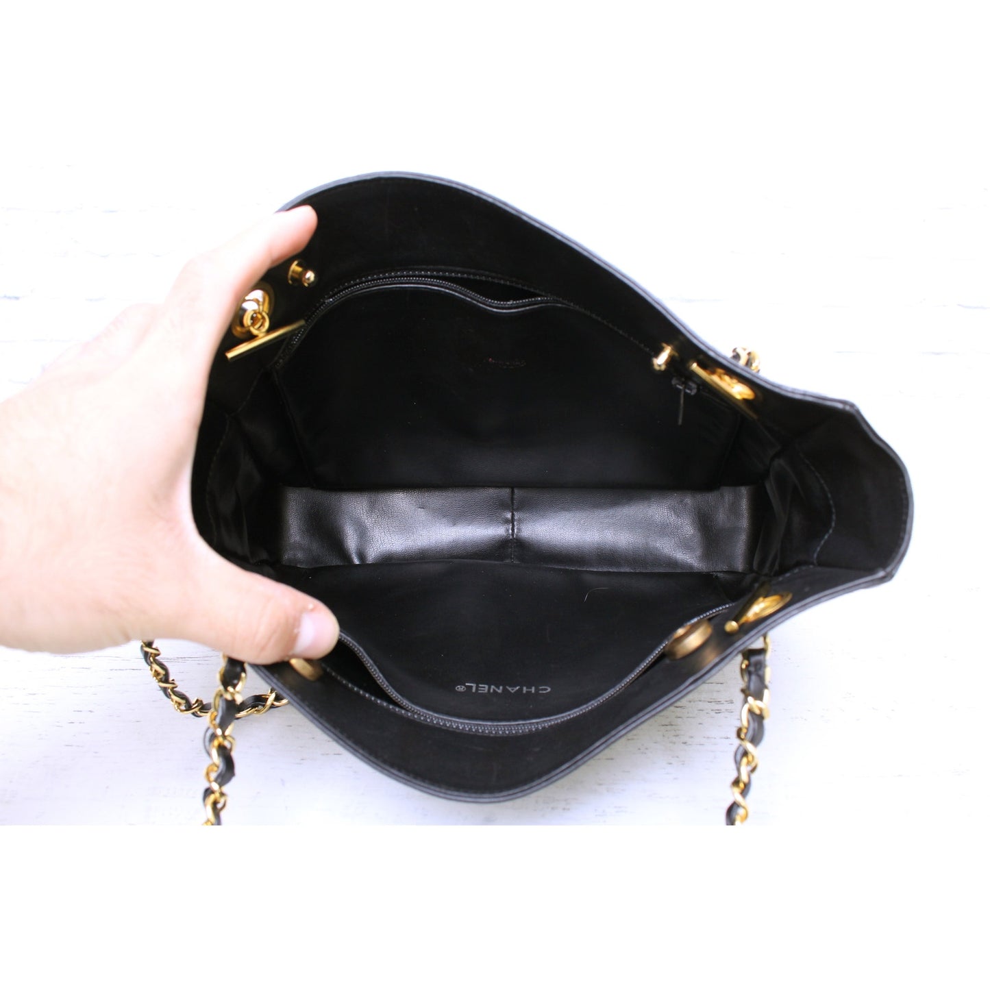 Chanel Quilted Black Lambskin Chain Tote Leather Shoulder Handbag Purse A5036