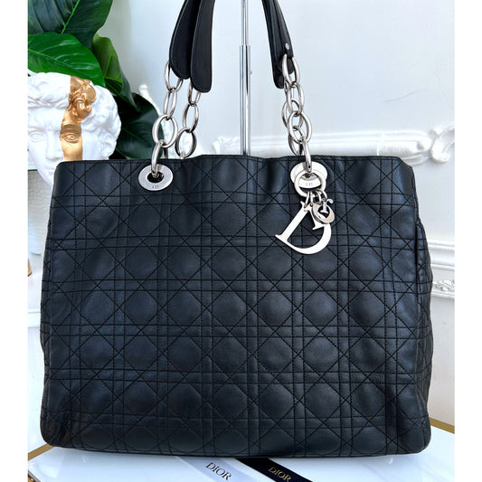 Authentic Dior Christian Dior Tote Canage Black Quilted Leather Silver