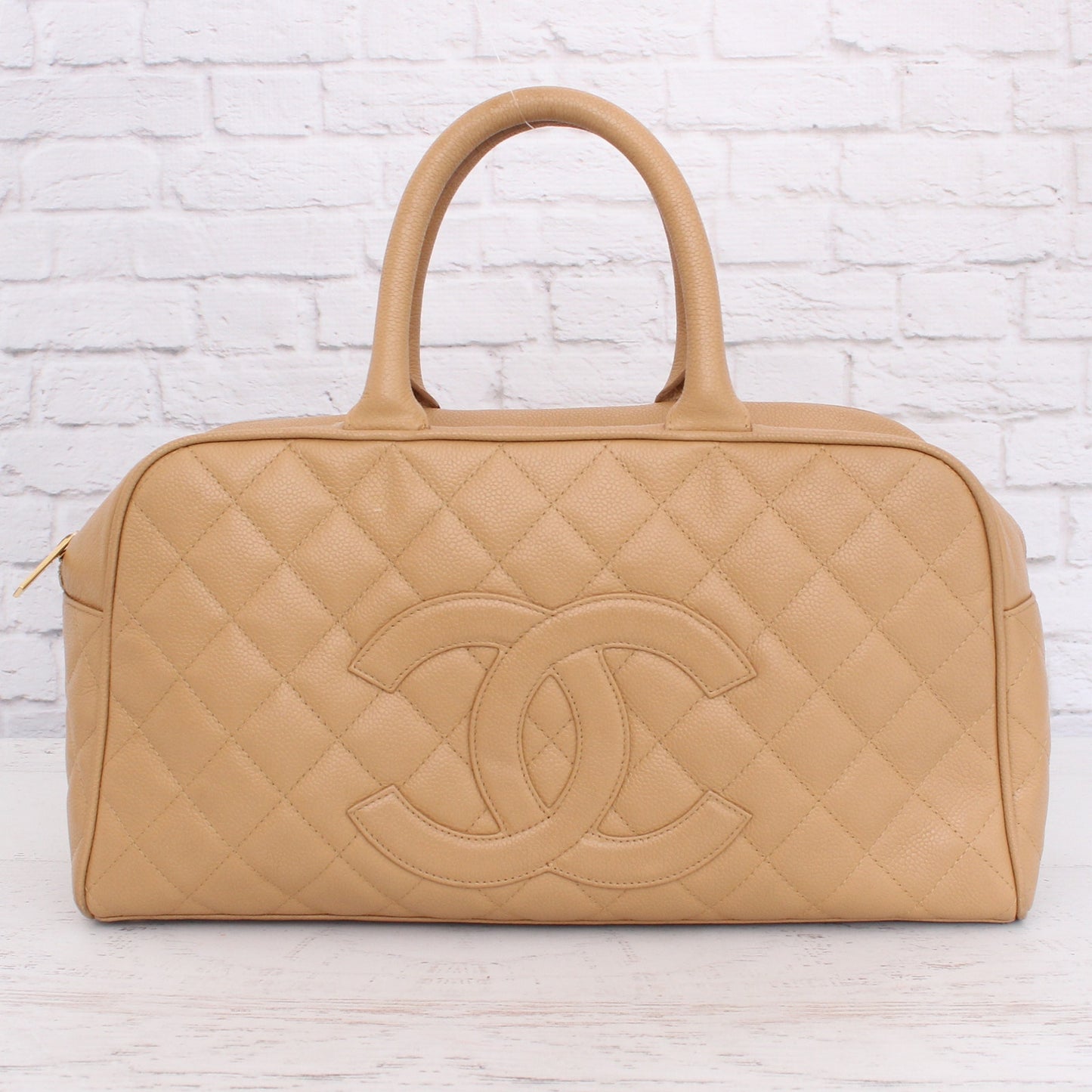 Chanel CC Bowler Boston Bag Beige Caviar Leather Bag Handbag Satchel A3507