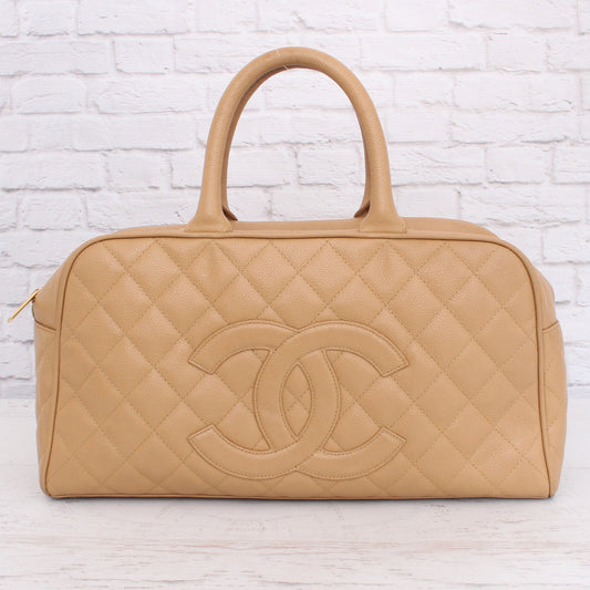 Chanel CC Bowler Boston Bag Beige Caviar Leather Bag Handbag Satchel A3507