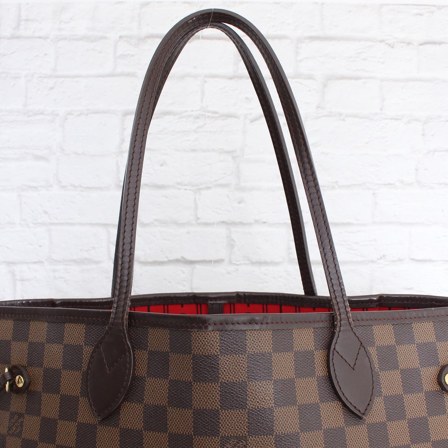 Louis Vuitton Neverfull MM Damier Ebene Tote Cherry Leather Shoulder