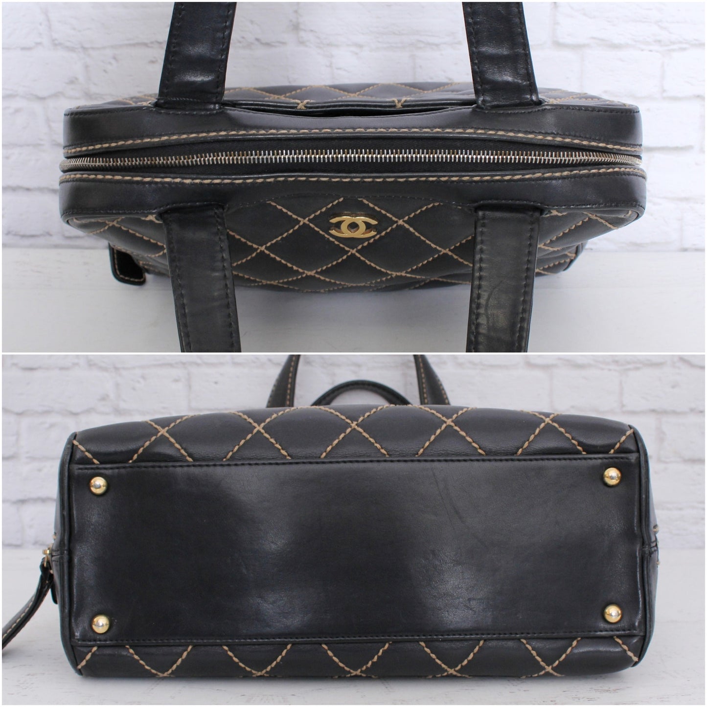 Chanel Wild Stitch Black Lambskin Leather Handbag Satchel Purse A5529