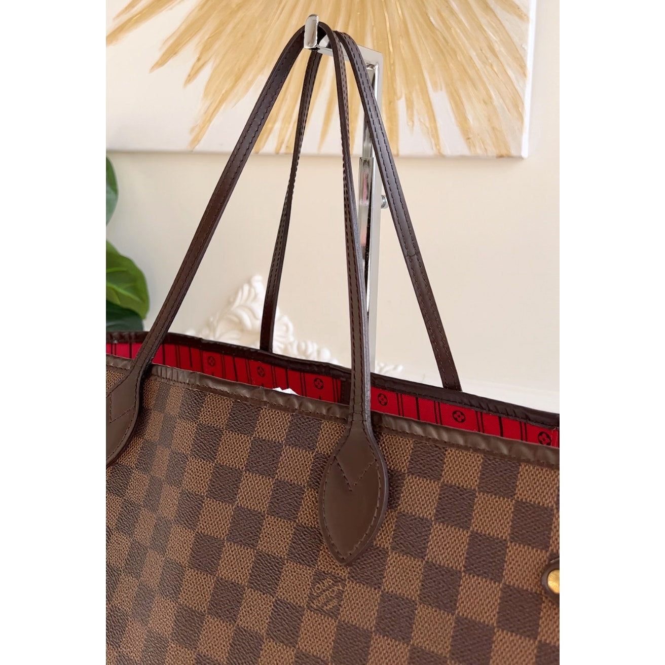 Louis Vuitton Neverfull GM Damier Ebene Large Tote Shoulder Red Purse