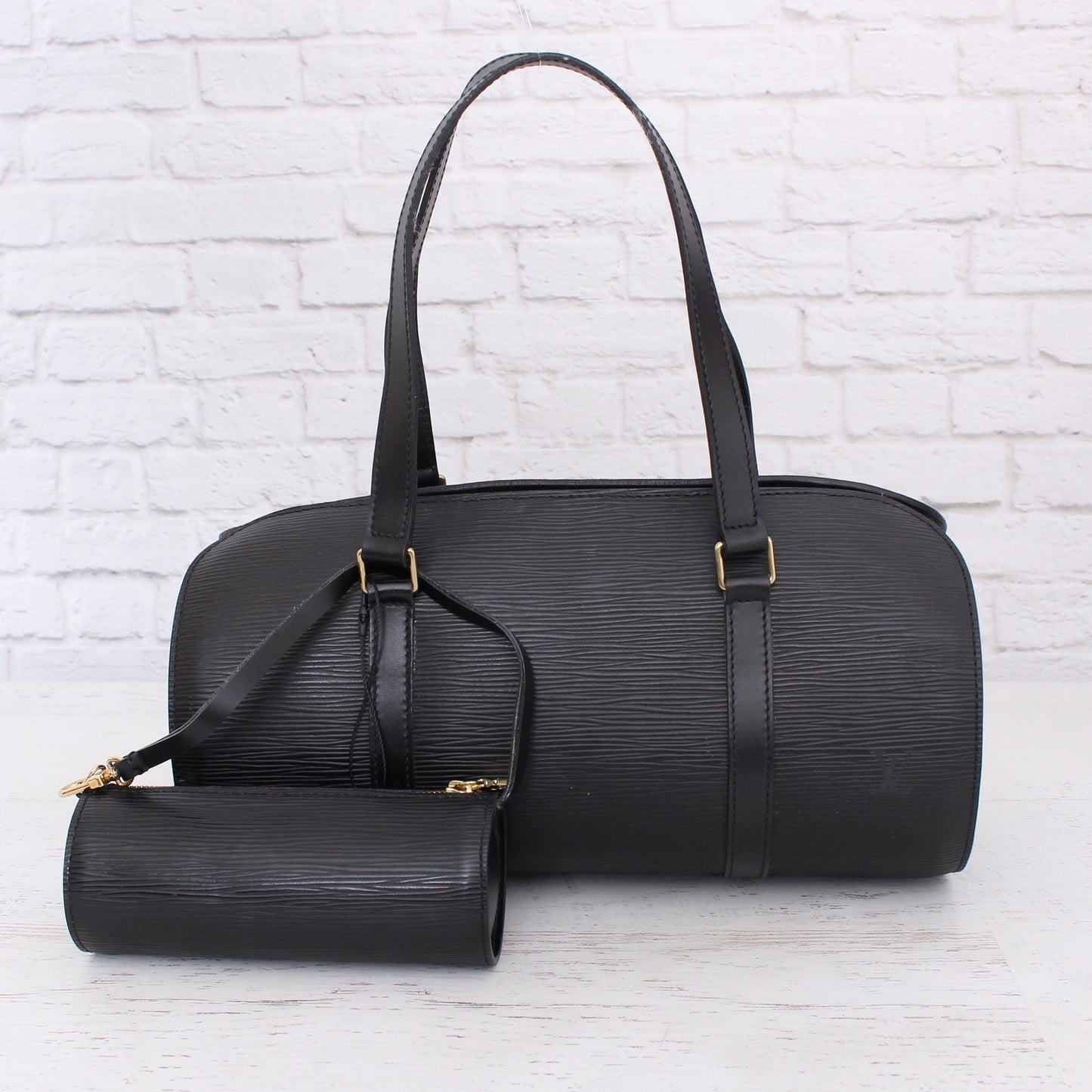 Louis Vuitton Papillon 30 Black Epi with Pouch Satchel Purse Handbag A3227