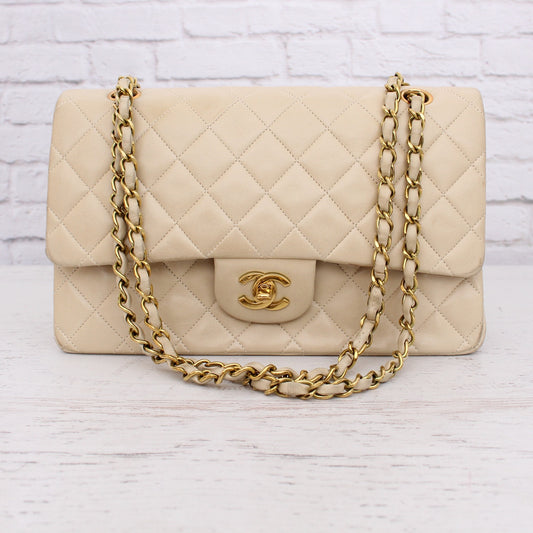 Chanel Classic Double Flap Cream Lambskin Leather Shoulder Handbag Purse A5109