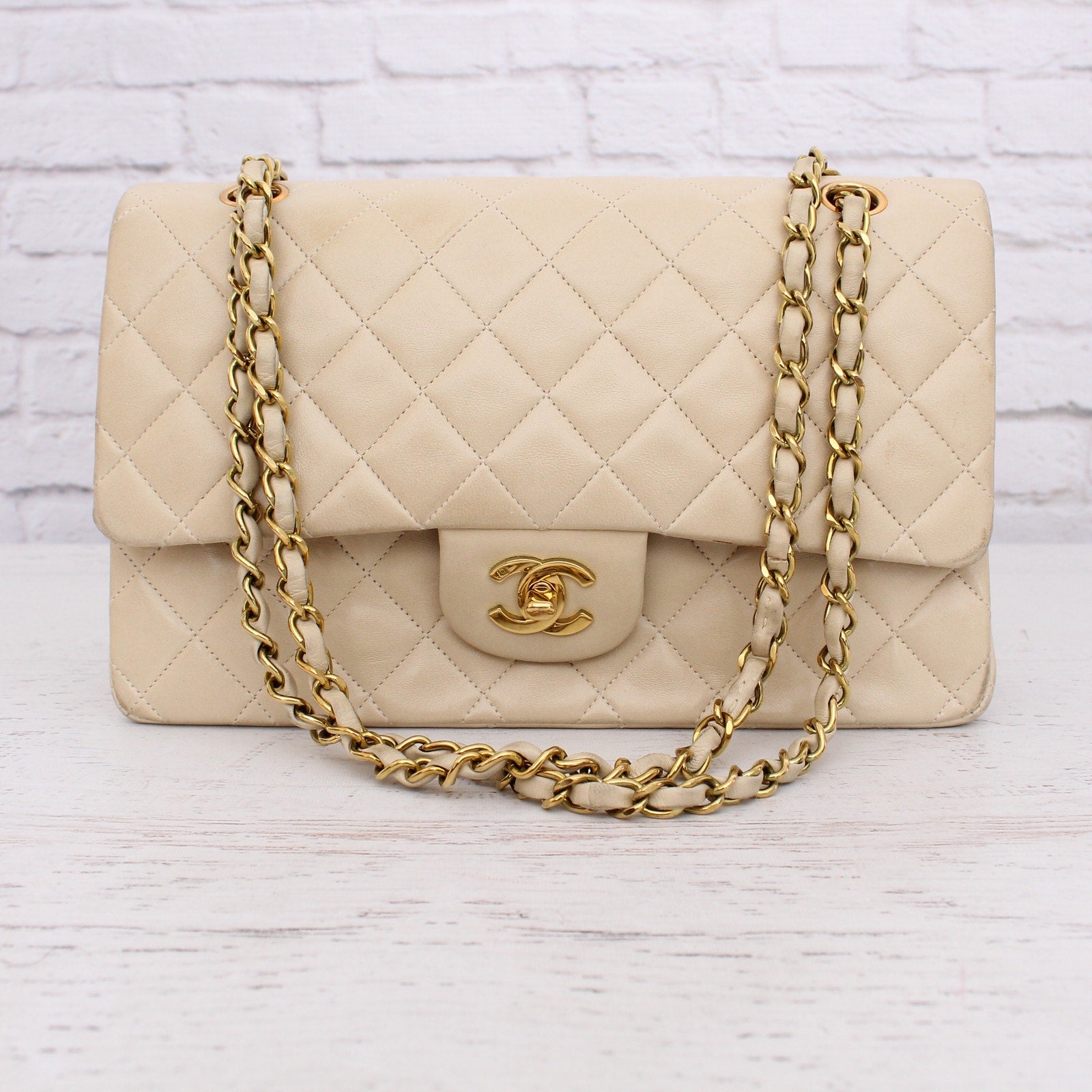 Chanel Classic Double Flap Cream Lambskin Leather Shoulder Handbag Purse A5109