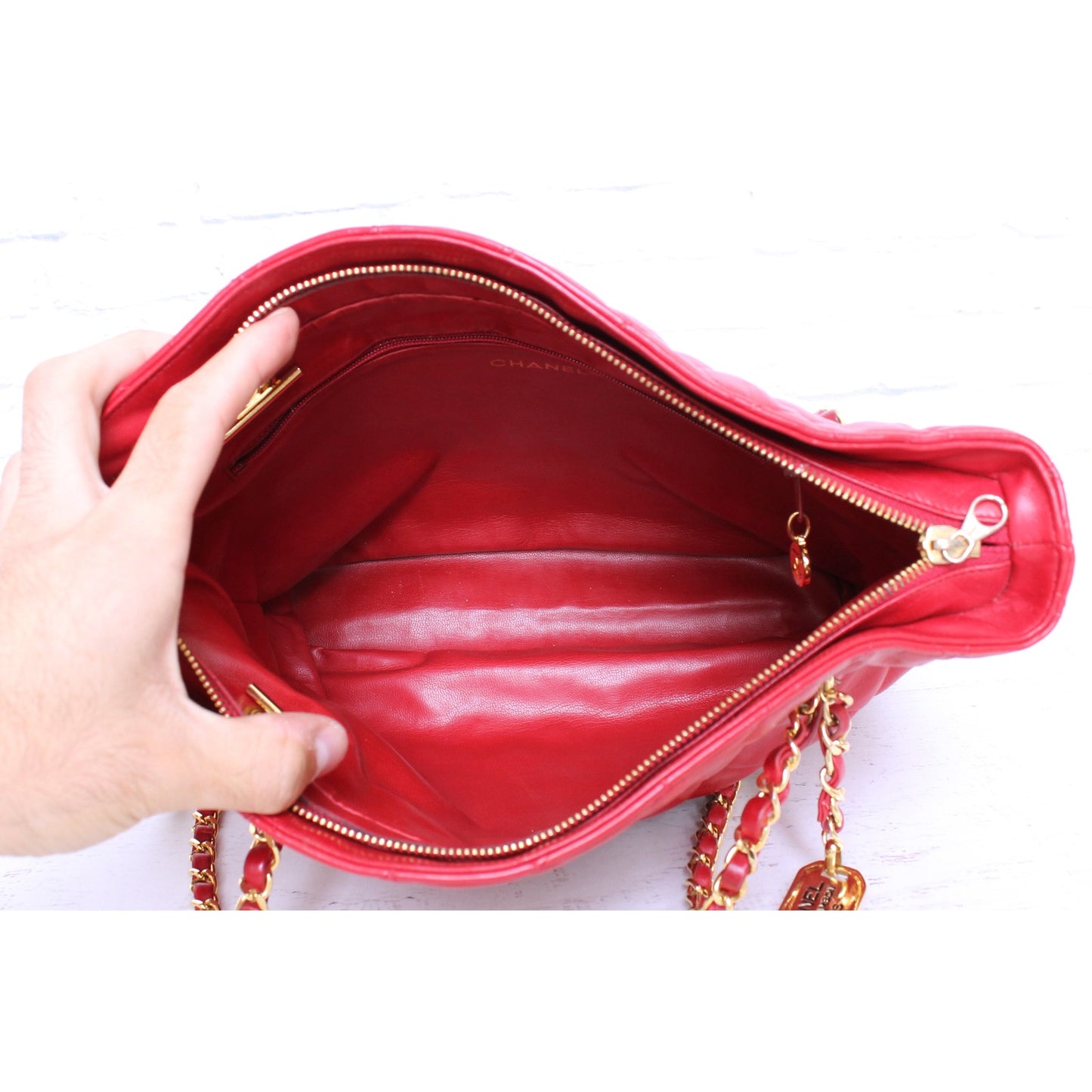 Chanel Chain Tote Red Lambskin Leather Shoulder Bag Handbag Purse A4604