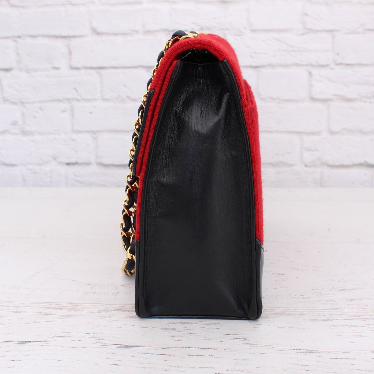 Chanel Double Chain Shoulder Bag Quilted Red Jersey Handbag Leather A4033