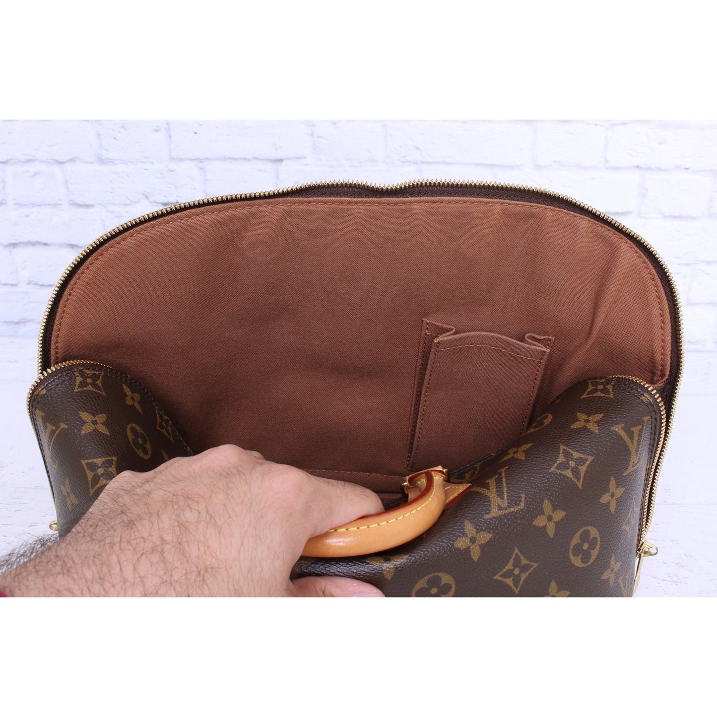 Louis Vuitton Alma MM Monogram Satchel Brown Leather Handbag Bag Tote