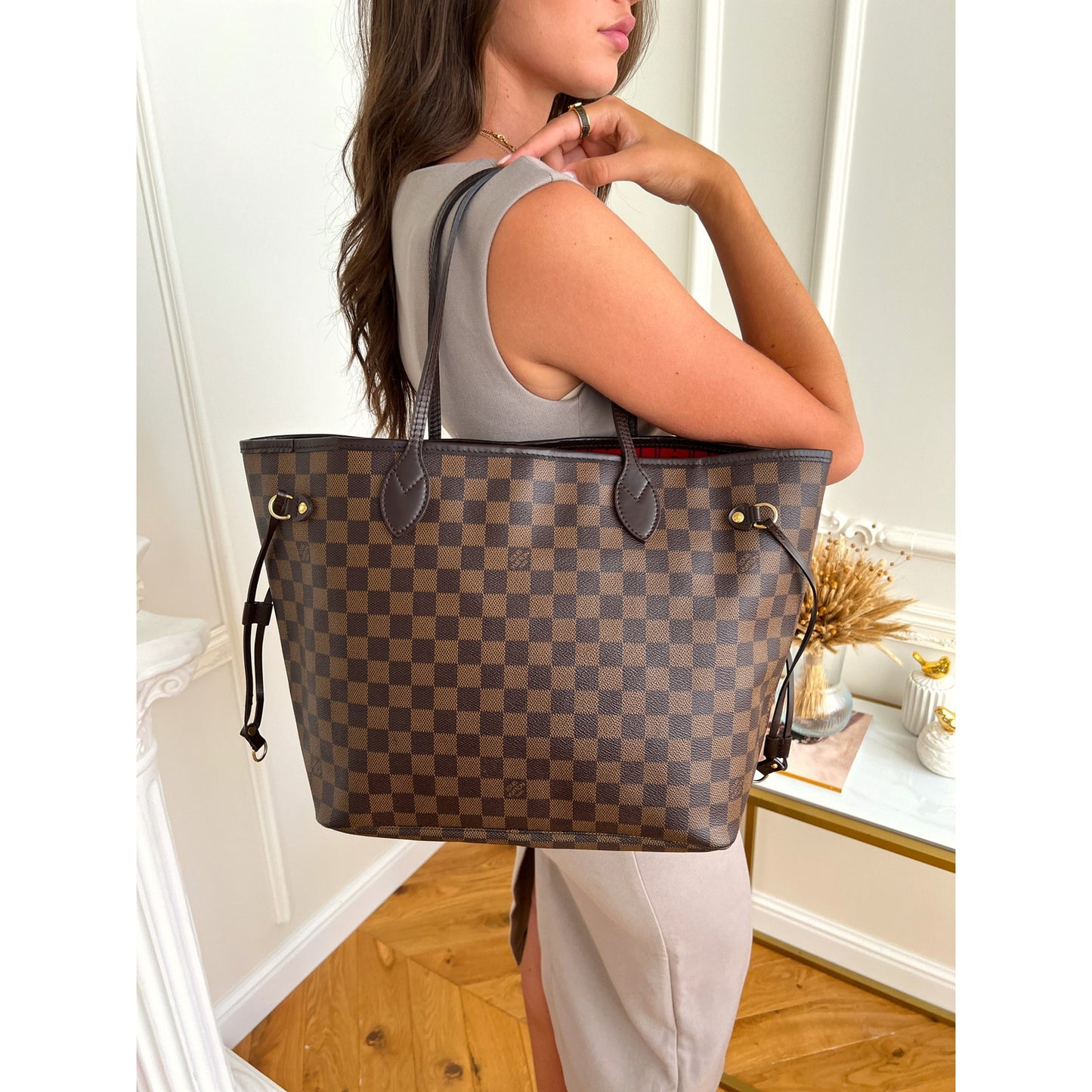 Louis Vuitton Neverfull MM Damier Ebene Leather Shoulder Bag