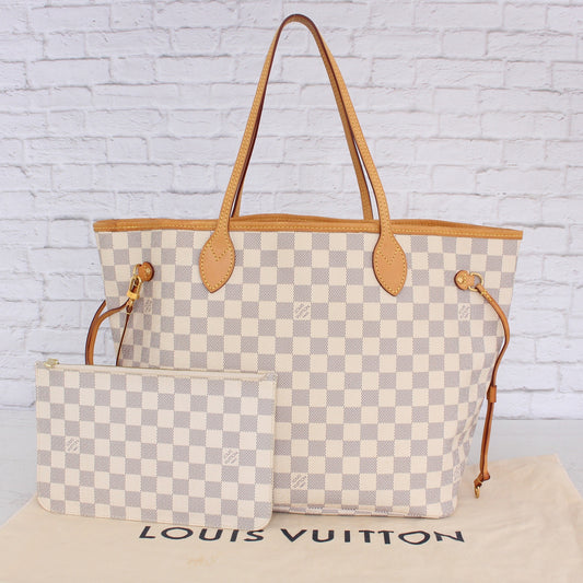 Louis Vuitton Neverfull MM with Pouch Damier Azur Tote White Shoulder
