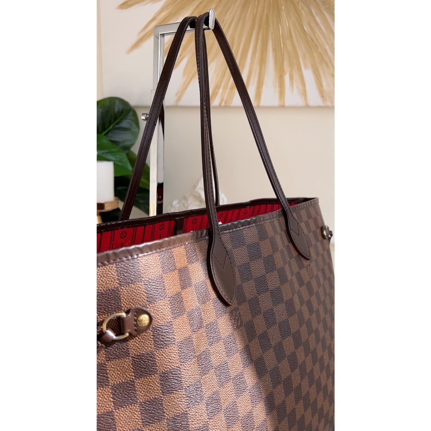 Louis Vuitton Neverfull GM Damier Ebene Large Tote Shoulder Red Purse