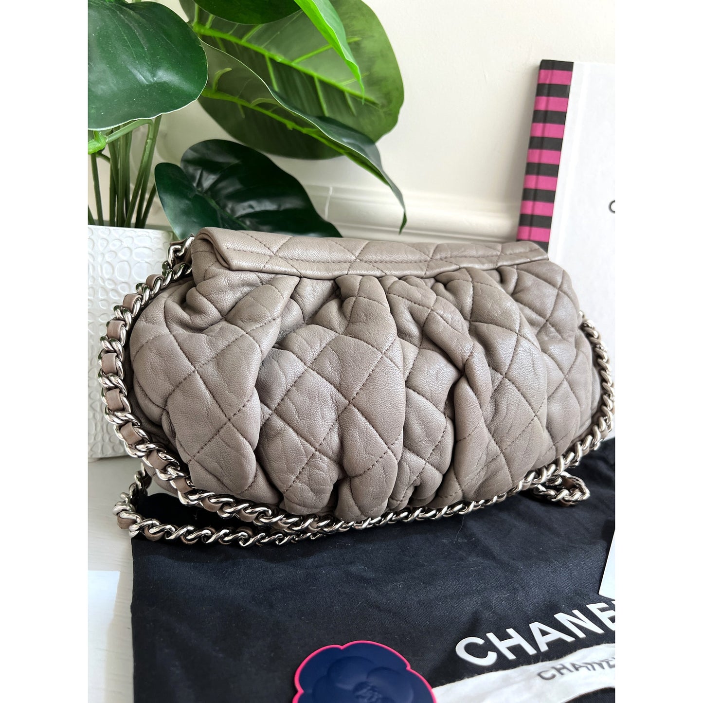 Authentic Chanel Quilted Large Chain Flap Taupe Crossbody Gray Clutch