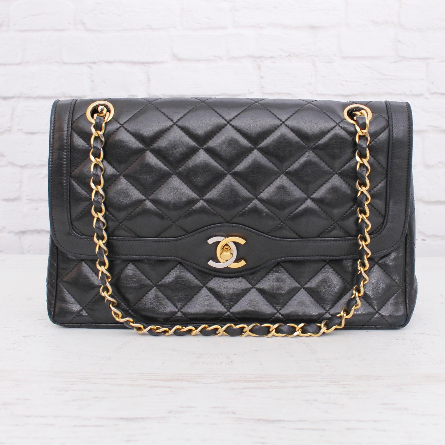 Chanel Paris Limited Two Tone Double Flap Black Lambskin Leather Shoulder A5106