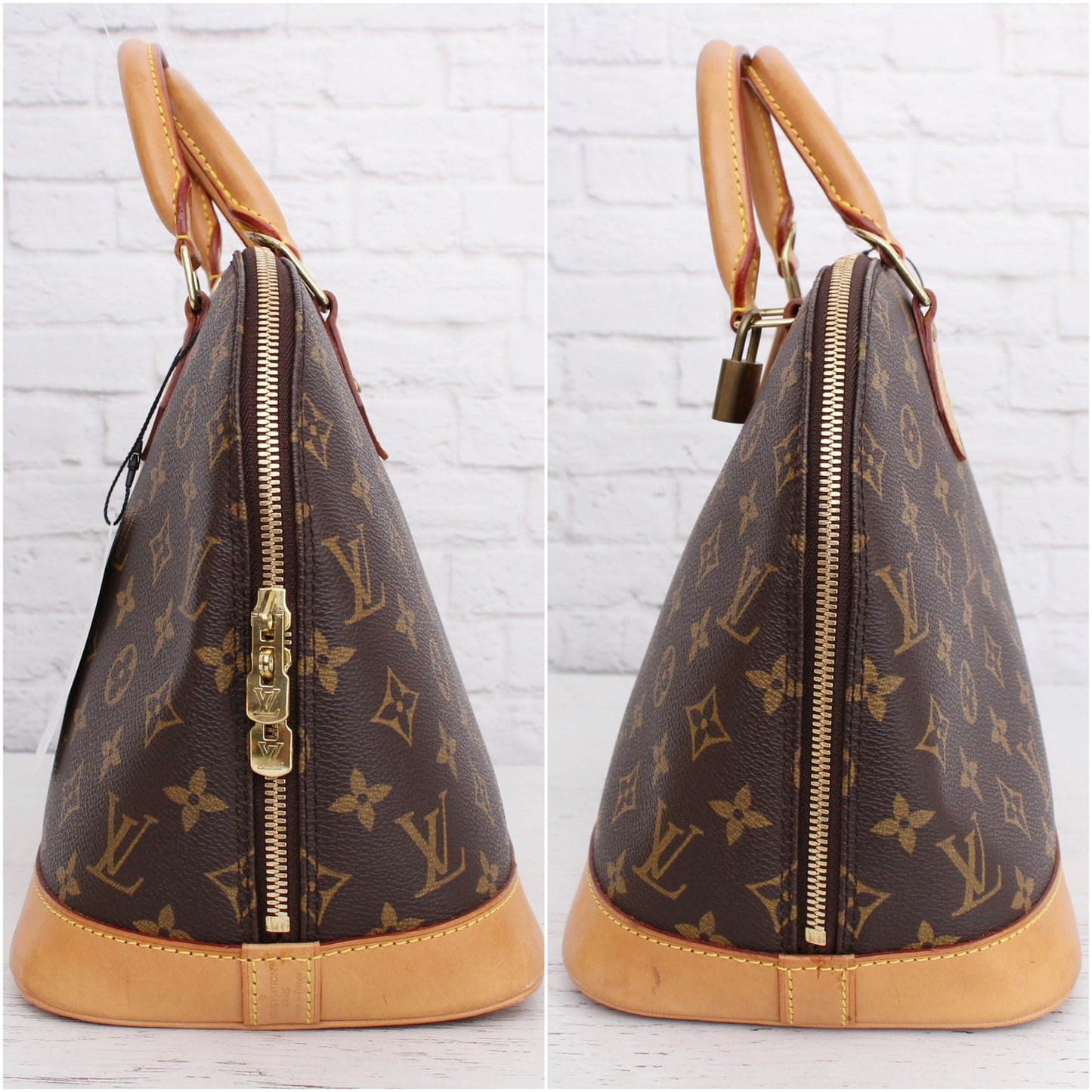 Louis Vuitton Alma MM Monogram Satchel Brown Leather Handbag Tote Purse A5092