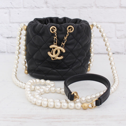 Chanel Pearl Chain Mini Black Lambskin Bucket Bag Shoulder Purse