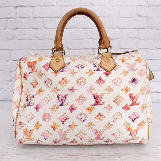 Louis Vuitton Speedy 30 Watercolor Aquarelle Monogram White Satchel Purse A5029