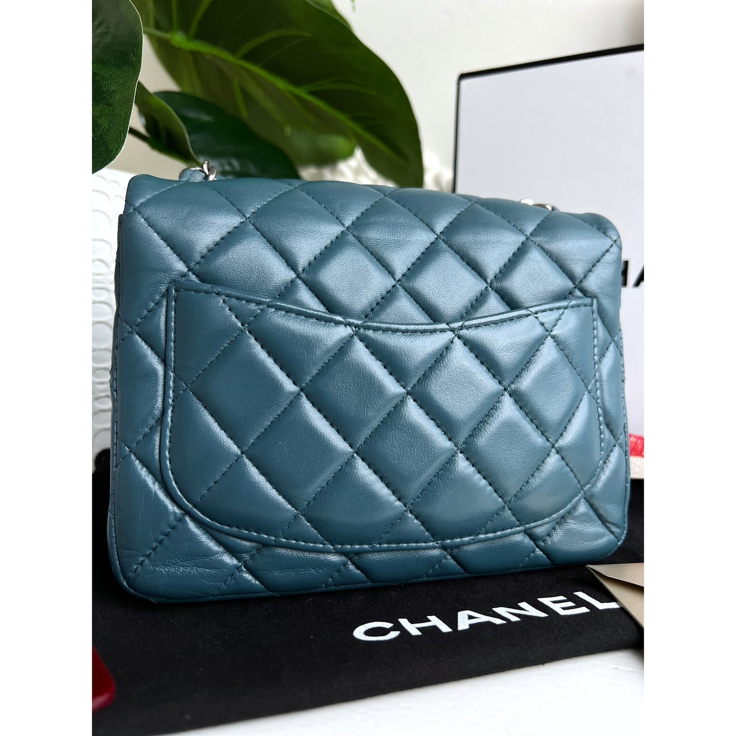 Authentic Chanel Classic Flap Mini Blue Crossbody Square Lambskin Bag B0821