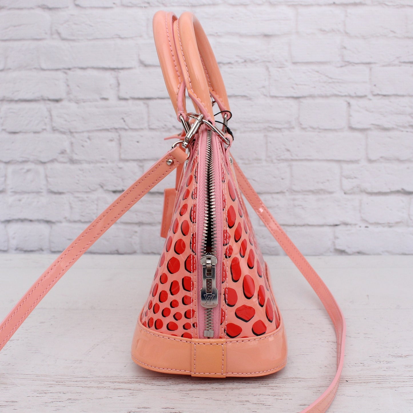 Louis Vuitton Alma BB Jung;e Dots Pink Vernis Crossbody Satchel Handbag A5535