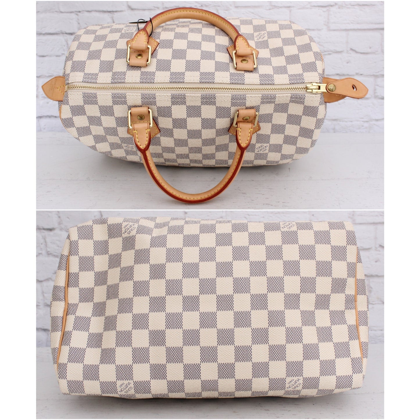Louis Vuitton Speedy 30 Damier Azur Satchel White Boston Leather Handbag A5364