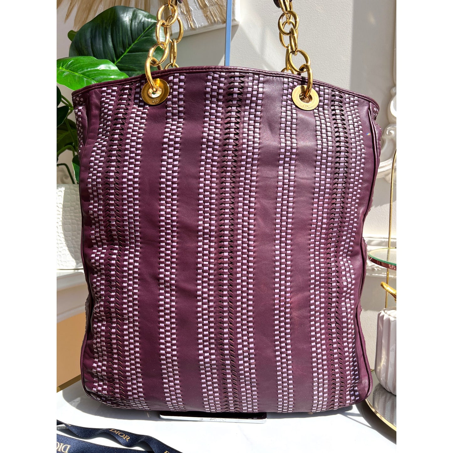 Christian Dior Woven Purple Leather Soft Gold Tote Shoulder Handbag