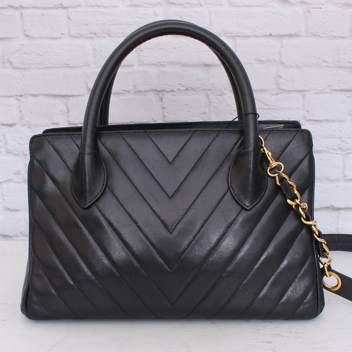 Chanel V Stitch 2 Way Handbag Black Lambskin Leather Shoulder Purse A4935