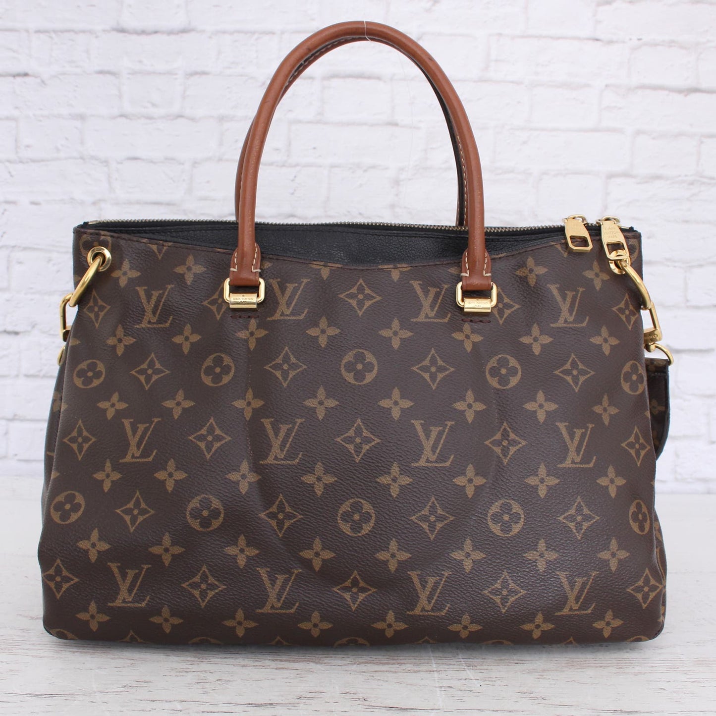 Louis Vuitton Pallas MM Noir Monogram Shoulder Bag Brown Satchel Purse