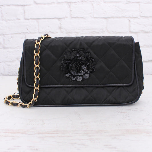 Chanel Single Flap Black Sating Nylon Shoulder Bag Purse Handbag A4838