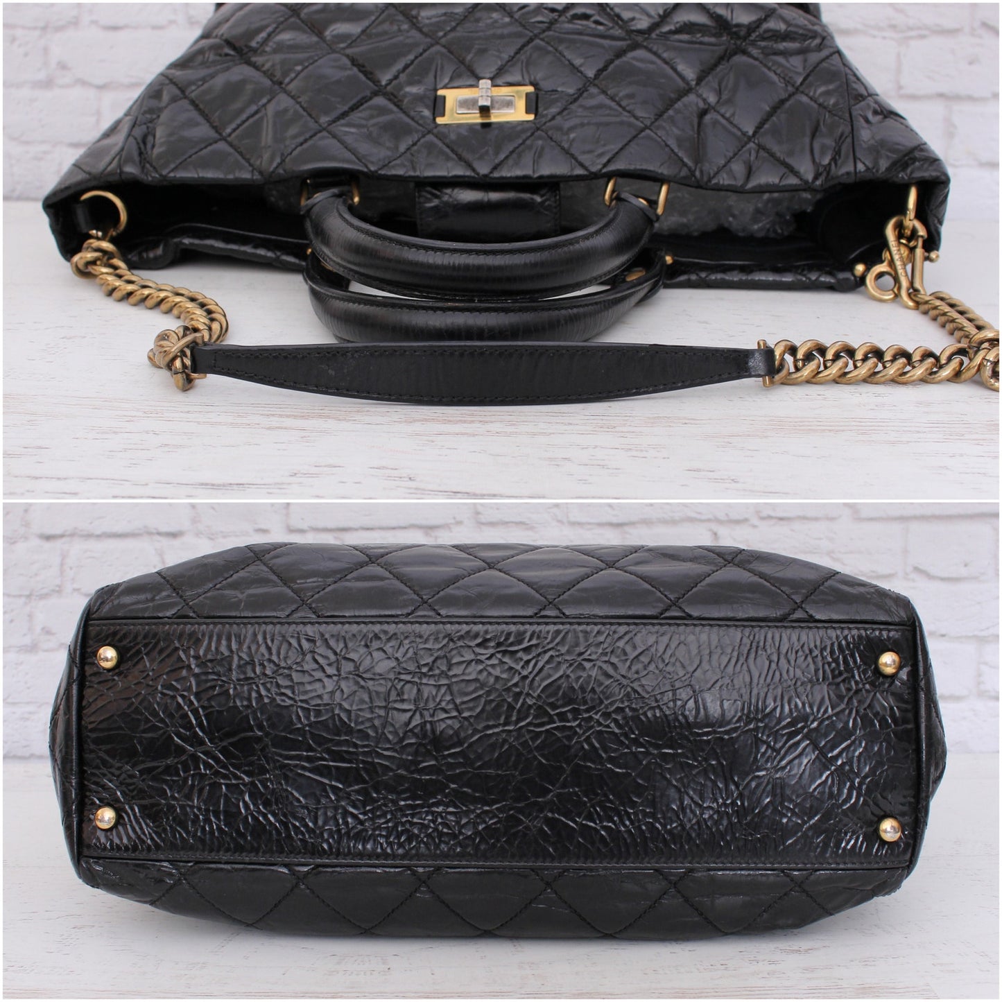 Chanel 2 Way Tote Black Glazed Calfskin Leather Shoulder Handbag Purse A4825