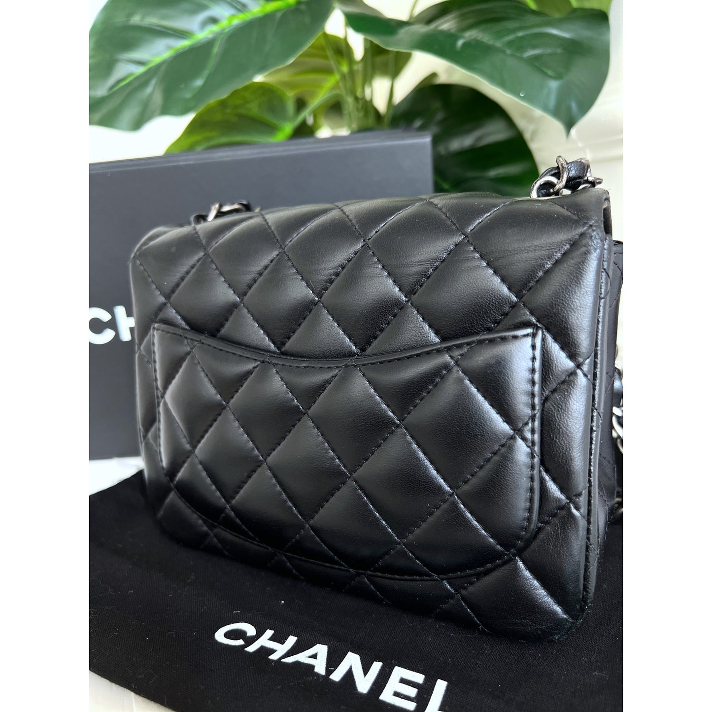 Authentic Chanel Black Lambskin Classic Square Flap Black Crossbody Bag