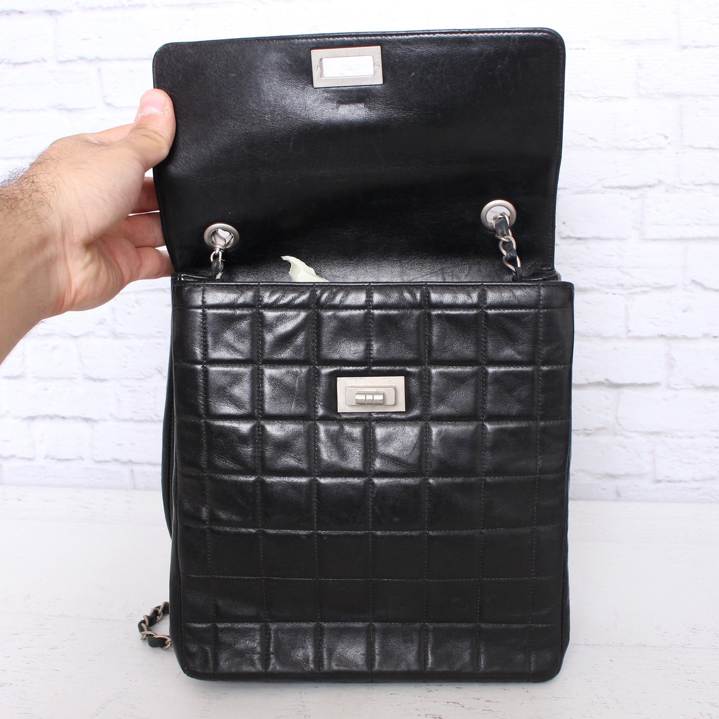 Chanel Chocolate Bar Multi Pocket Black Lambskin Leather Crossbody Purse A2904