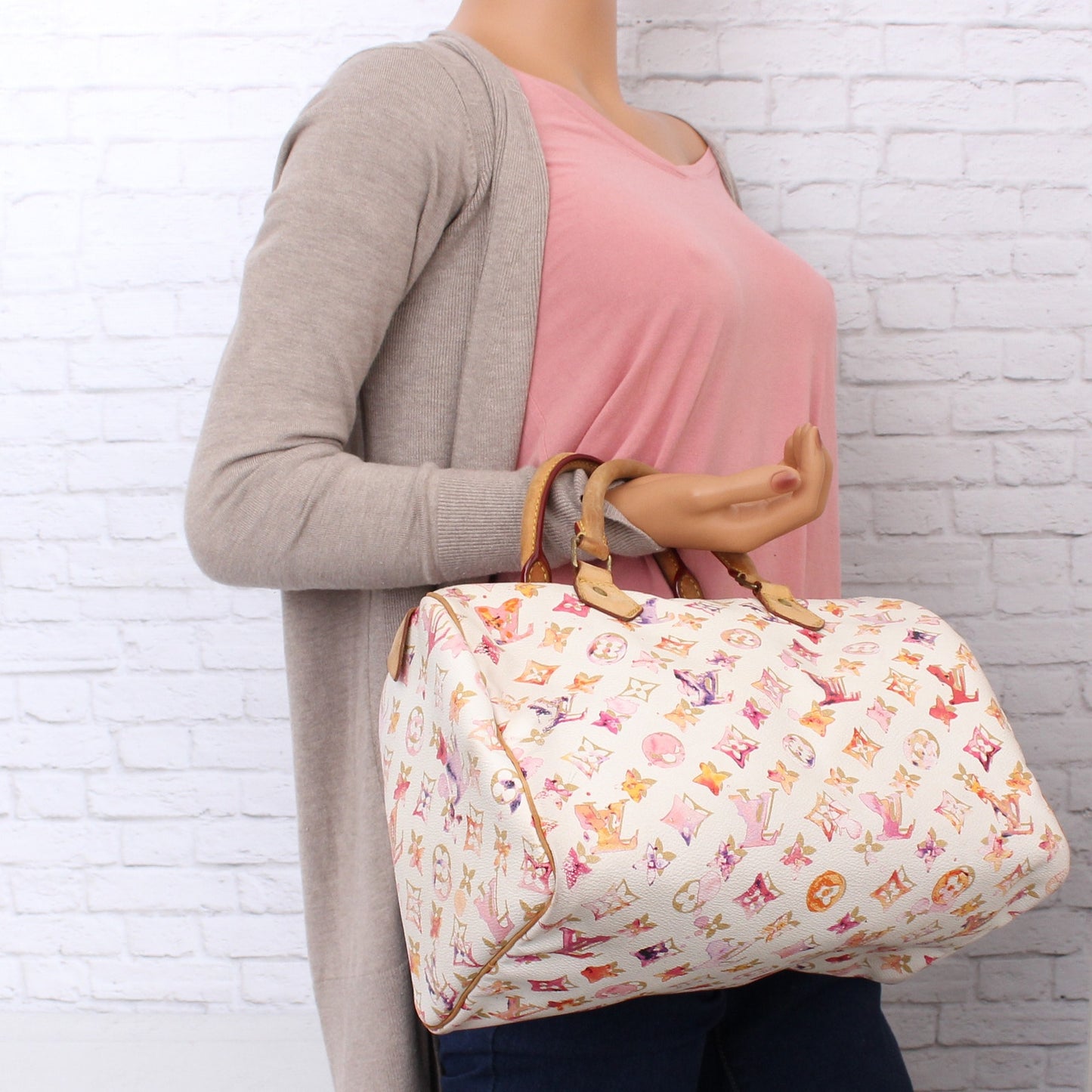 Louis Vuitton Speedy 30 Watercolor Aquarelle Monogram White Satchel Purse A5029