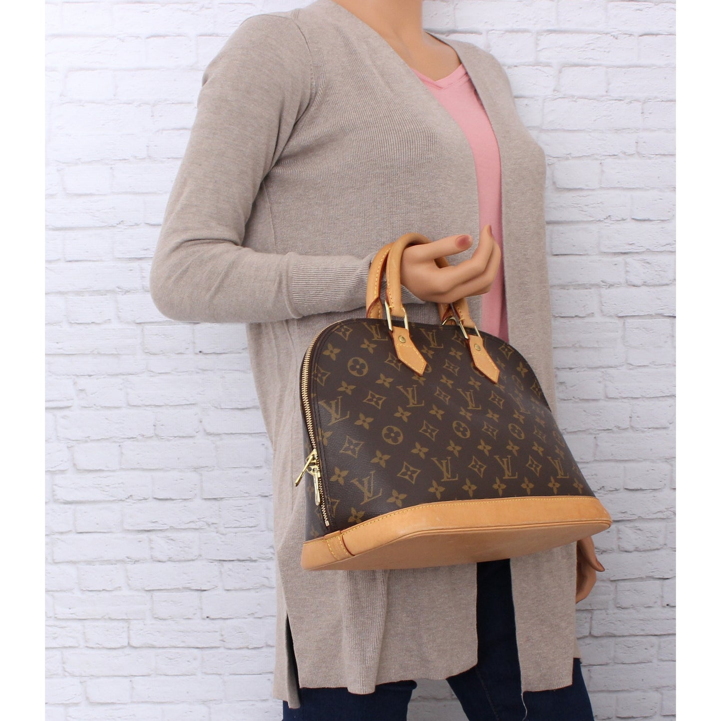 Louis Vuitton Alma MM Monogram Satchel Brown Leather Handbag Bag Tote