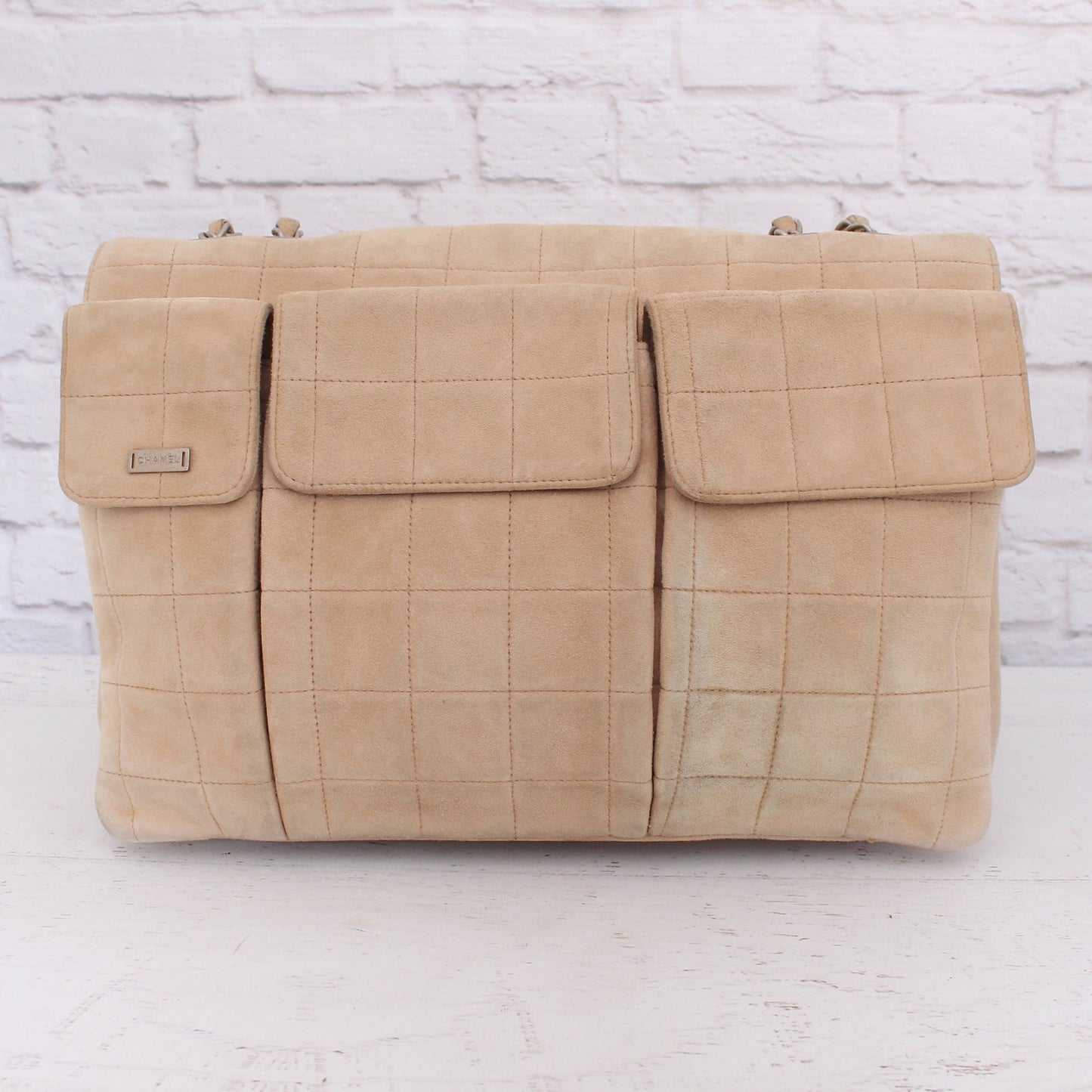 Chanel Chocolate Bar Reissue Multi Pocket Beige Suede Shoulder Crossbody A3212