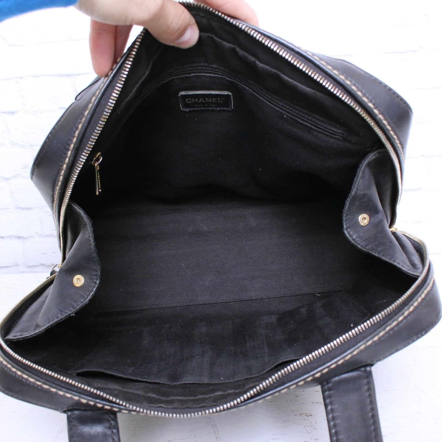 Chanel Wild Stitch Black Lambskin Leather Handbag Satchel Purse A5529