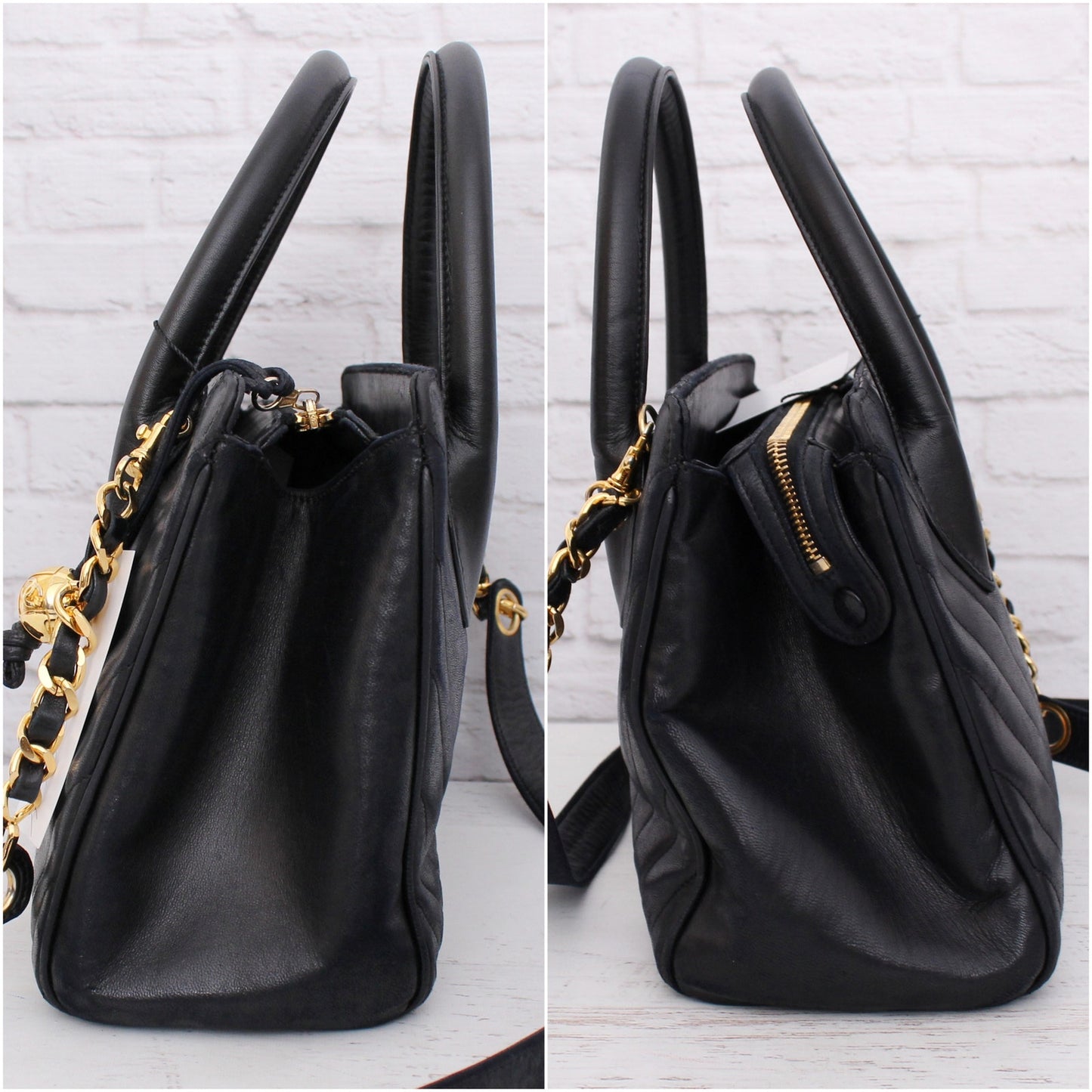 Chanel V Stitch 2 Way Handbag Black Lambskin Leather Shoulder Purse A4935