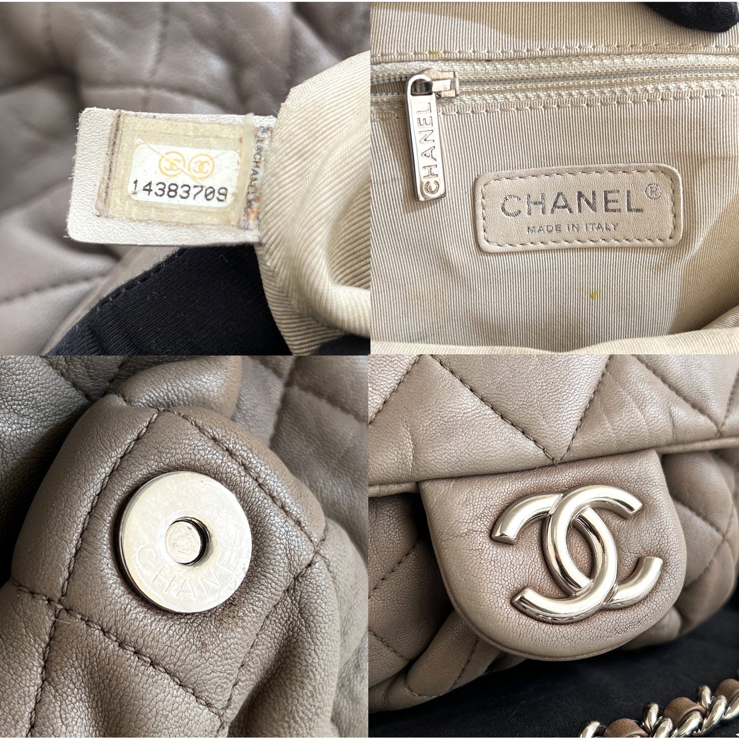 Authentic Chanel Quilted Large Chain Flap Taupe Crossbody Gray Clutch