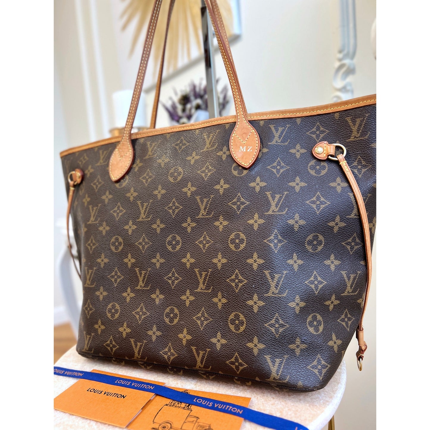 Louis Vuitton Neverfull MM Monogram Leather Tote Shoulder Purse Brown