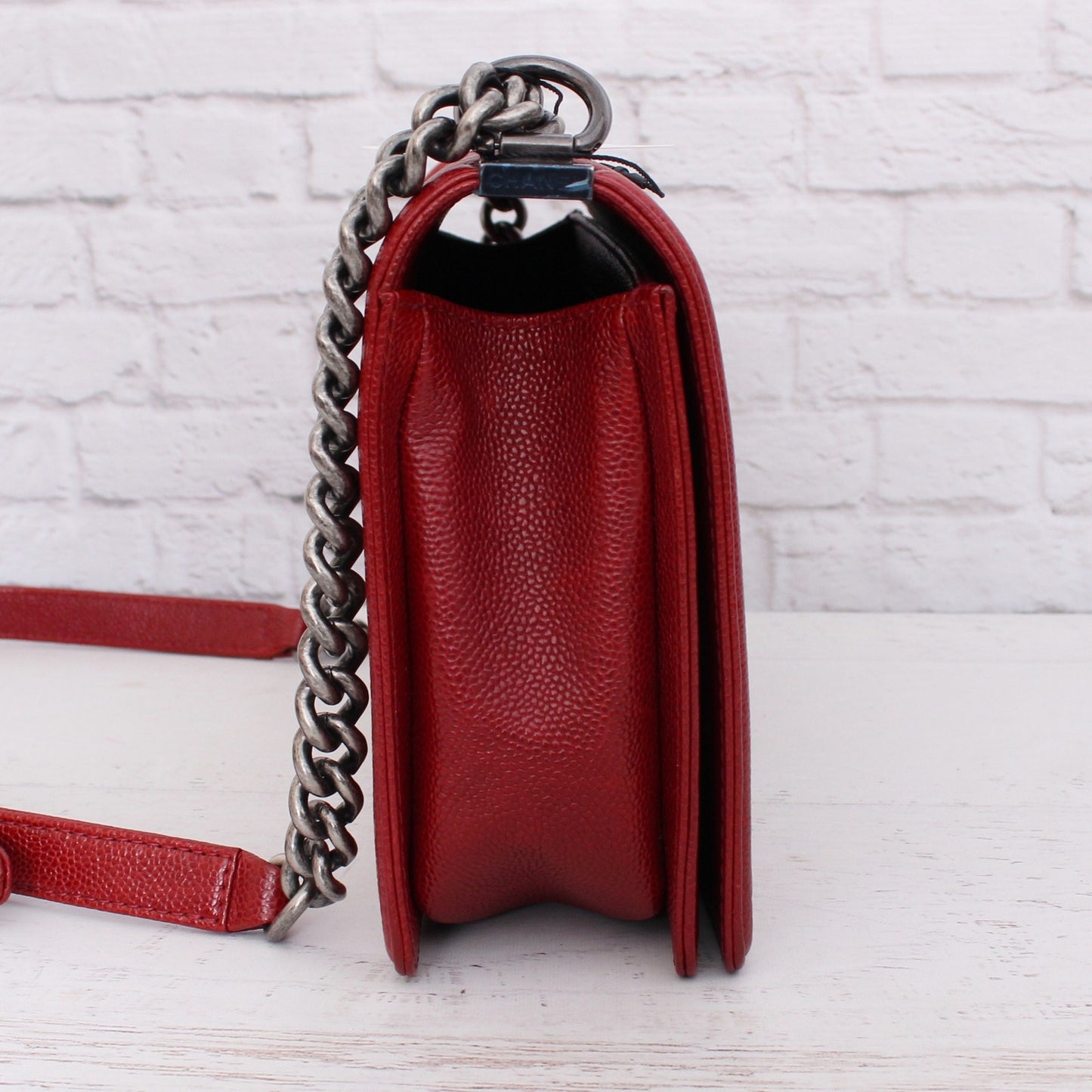 Chanel Boy Bag Burgundy Caviar Leather Shoulder Bag Handbag Purse A4938