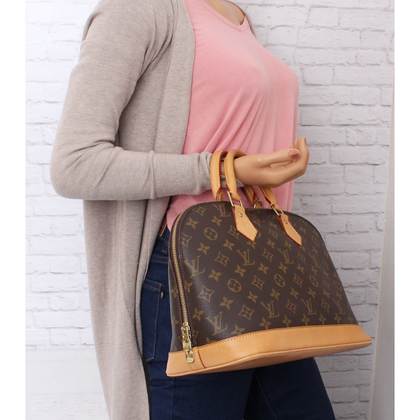 Louis Vuitton Alma MM Monogram Satchel Brown Leather Handbag Tote Purse A5014