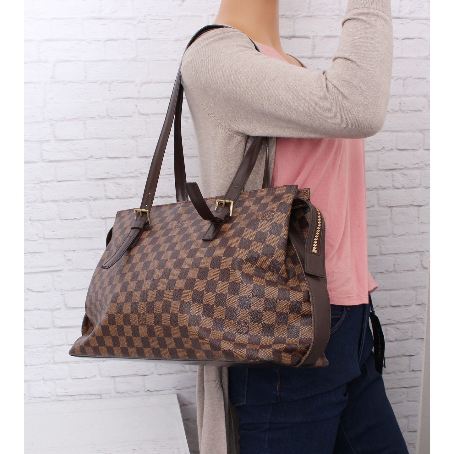 Louis Vuitton Chelsea Damier Ebene Shoulder Tote Purse Brown Large A4990